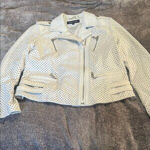 Black Rivit White Perforated Leather Women’s Motorcycle Biker Jacket L